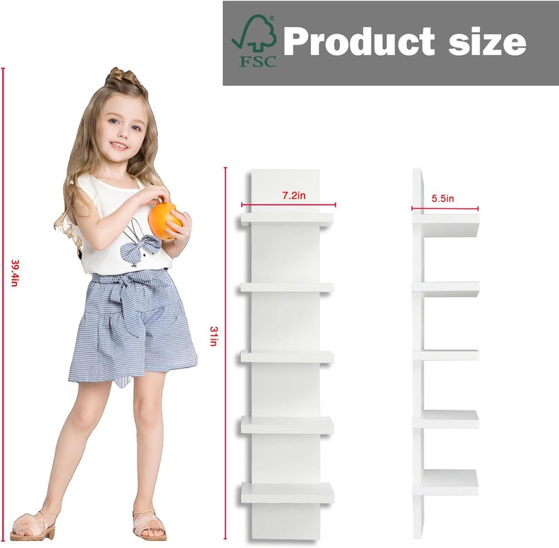 Bloddream 5 Tier Wall Shelves White, Vertical Column Shelf Floating Storage Home Decor Organizer Tall Tower Design Utility Shelving Bedroom Living Room, 30.7, 31 - Image 2